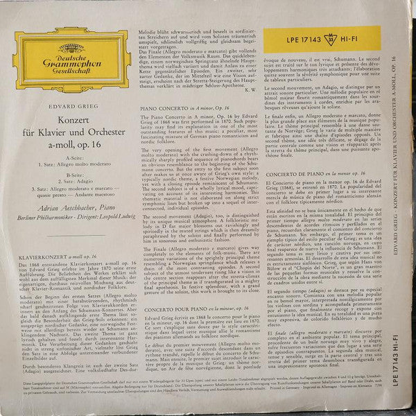 Edvard Grieg - Adrian Aeschbacher, Berliner Philharmoniker, Leopold Ludwig : Konzert Für Klavier Und Orchester A-Moll, Op. 16 (10", Mono)