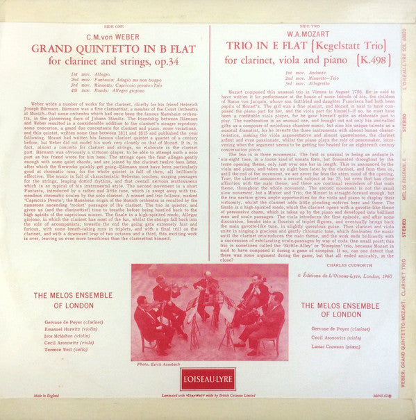 Carl Maria von Weber, Wolfgang Amadeus Mozart, Melos Ensemble Of London : Grand Quintetto In B Flat / Trio In E Flat (Kegelstatt Trio) (LP)