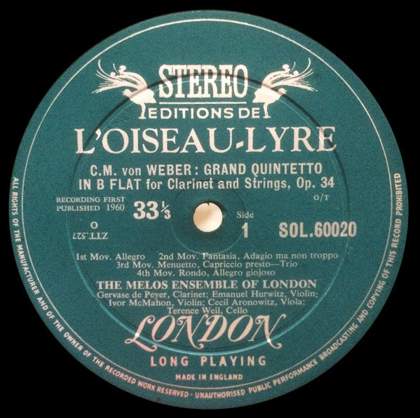 Carl Maria von Weber, Wolfgang Amadeus Mozart, Melos Ensemble Of London : Grand Quintetto In B Flat / Trio In E Flat (Kegelstatt Trio) (LP)