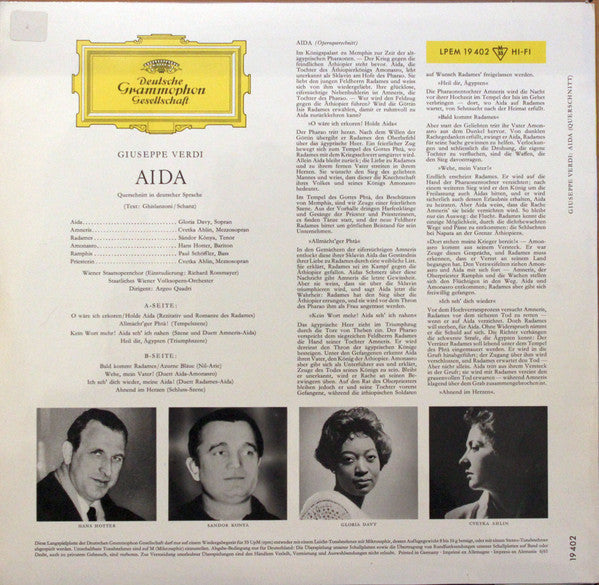 Giuseppe Verdi - Gloria Davy, Cvetka Ahlin, Sándor Kónya, Hans Hotter, Paul Schöffler Dirigent Argeo Quadri : Aida (LP, Album, Mono)