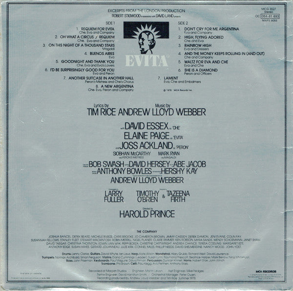 "Evita" Original London Cast Recording,  Robert Stigwood  In Association With David Land Presents, Lyrics By  Tim Rice , Music By  Andrew Lloyd Webber : Evita (LP, Album, Gat)