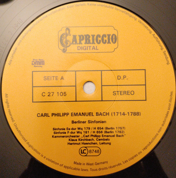 Carl Philipp Emanuel Bach - Kammerorchester Carl Philipp Emanuel Bach, Hartmut Haenchen : Berliner Sinfonien (LP, Album, gat)