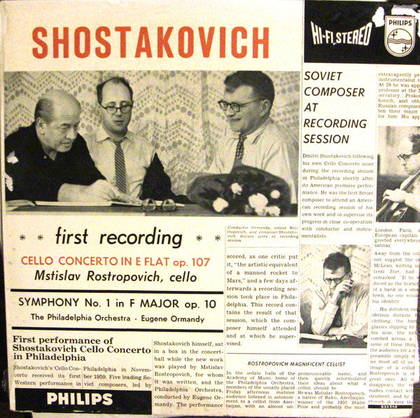Dmitri Shostakovich : Cello Concerto In E Flat Op. 107 / Symphony No. 1 In F Major Op. 10 (LP, Album)