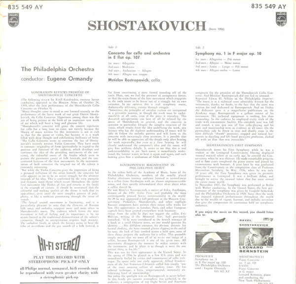 Dmitri Shostakovich : Cello Concerto In E Flat Op. 107 / Symphony No. 1 In F Major Op. 10 (LP, Album)