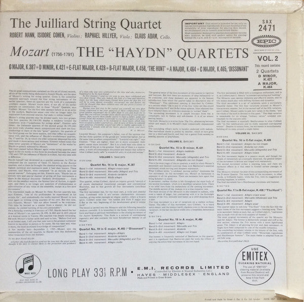 Wolfgang Amadeus Mozart, Juilliard String Quartet : The "Haydn" Quartets Vol. 2 (LP)