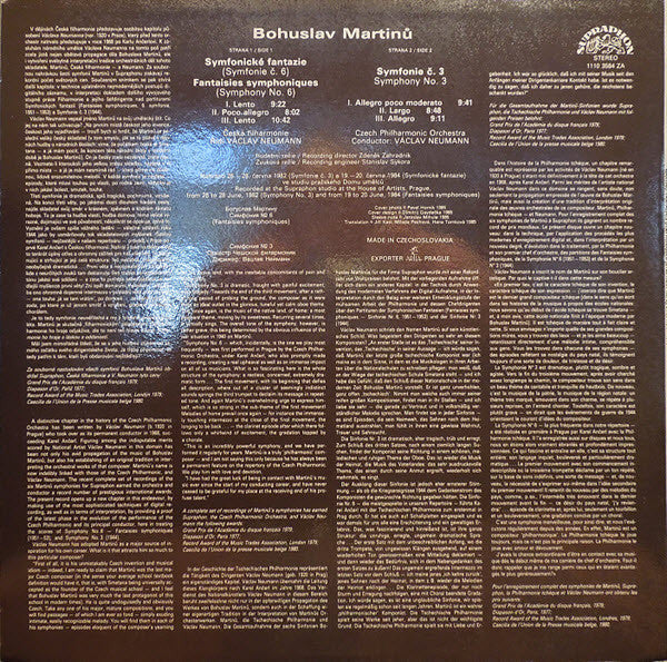 Bohuslav Martinů, The Czech Philharmonic Orchestra, Václav Neumann : Symphony No. 6 (Fantaisies Symphoniques) / Symphony No. 3 (LP, RP)