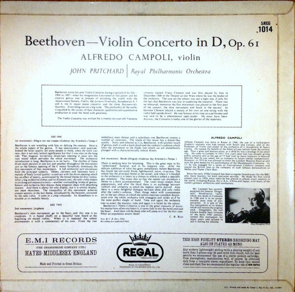 Ludwig van Beethoven, Alfredo Campoli, Royal Philharmonic Orchestra, John Pritchard : Violin Concerto (LP, RE)