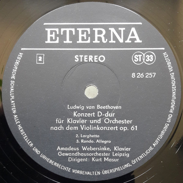 Ludwig van Beethoven, Amadeus Webersinke, Gewandhausorchester Leipzig, Kurt Masur : Konzert Für Klavier Und Orchester D-dur (Nach Dem Violinkonzert Op. 61) (LP)