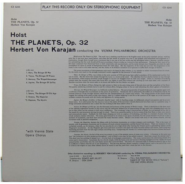 Gustav Holst - Herbert von Karajan, Wiener Philharmoniker : The Planets (LP, Album, Ful)