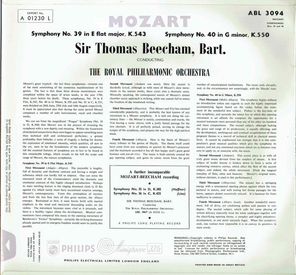 Wolfgang Amadeus Mozart, Royal Philharmonic Orchestra, Sir Thomas Beecham : Symphony No. 39 in E-Flat. K.543 / Symphony No. 40 in G Minor. K.550 (LP, Album, Mono)