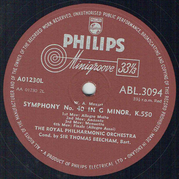 Wolfgang Amadeus Mozart, Royal Philharmonic Orchestra, Sir Thomas Beecham : Symphony No. 39 in E-Flat. K.543 / Symphony No. 40 in G Minor. K.550 (LP, Album, Mono)