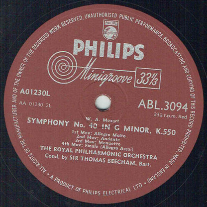 Wolfgang Amadeus Mozart, Royal Philharmonic Orchestra, Sir Thomas Beecham : Symphony No. 39 in E-Flat. K.543 / Symphony No. 40 in G Minor. K.550 (LP, Album, Mono)