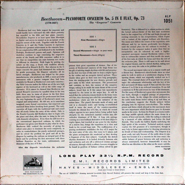 Ludwig van Beethoven / Edwin Fischer , and the Philharmonia Orchestra , conducted by Wilhelm Furtwängler : Concerto No. 5 In E Flat Major ("The Emperor") (LP, Mono)