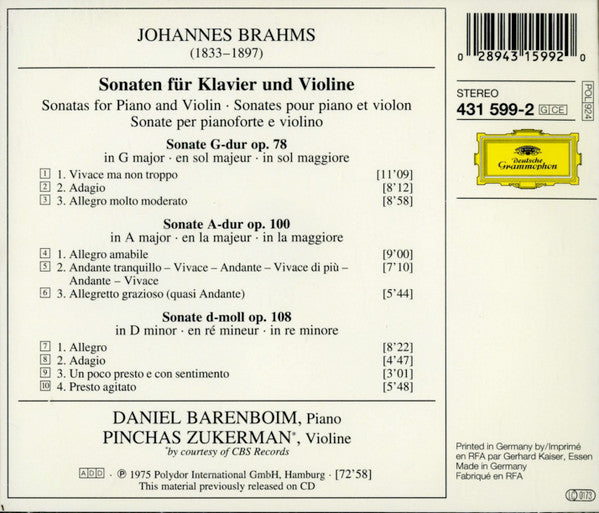 Johannes Brahms - Pinchas Zukerman, Daniel Barenboim : Die Violinsonaten / The Violin Sonatas (CD, RE)