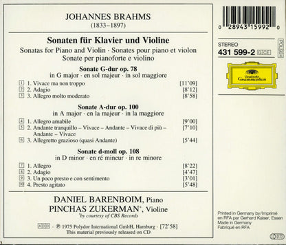 Johannes Brahms - Pinchas Zukerman, Daniel Barenboim : Die Violinsonaten / The Violin Sonatas (CD, RE)
