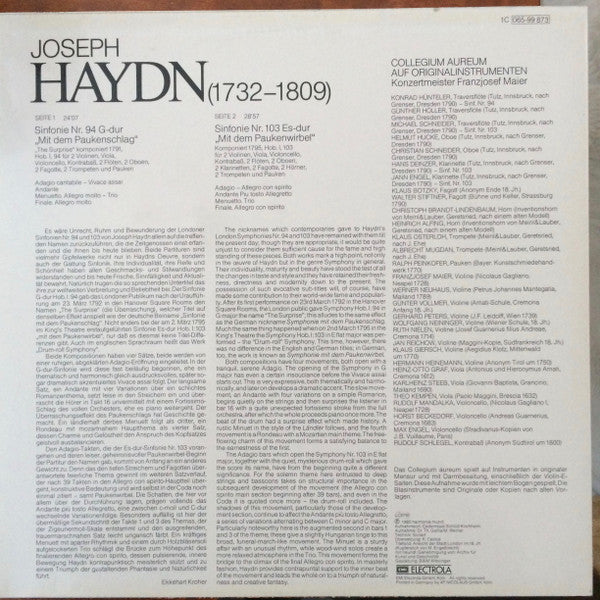 Collegium Aureum Auf Originalinstrumenten Franzjosef Maier, Joseph Haydn : Sinfonie Nr. 94 G-dur "Mit Dem Paukenschlag" - Sinfonie Nr. 103 Es-Dur "Mit Dem Paukenwirbel" (LP)
