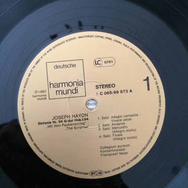 Collegium Aureum Auf Originalinstrumenten Franzjosef Maier, Joseph Haydn : Sinfonie Nr. 94 G-dur "Mit Dem Paukenschlag" - Sinfonie Nr. 103 Es-Dur "Mit Dem Paukenwirbel" (LP)
