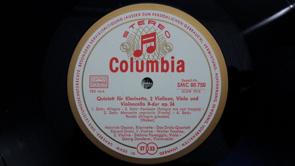 Wolfgang Amadeus Mozart / Carl Maria von Weber / Heinrich Geuser / Drolc-Quartett : Quintett Für Klarinette, Zwei Violinen, Viola Und Violoncello  (LP)