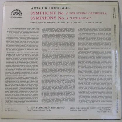Arthur Honegger, The Czech Philharmonic Orchestra , Conductor Serge Baudo : Symphonies No. 2 And No. 3 (LP, RP)