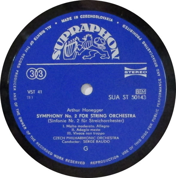 Arthur Honegger, The Czech Philharmonic Orchestra , Conductor Serge Baudo : Symphonies No. 2 And No. 3 (LP, RP)
