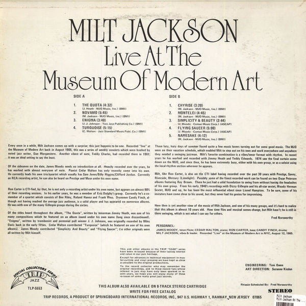 Milt Jackson : Live At The Museum Of Modern Art (LP, Album, RE)