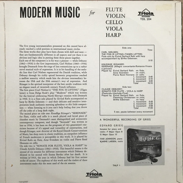 Claude Debussy, Carl Nielsen, Knudåge Riisager : Modern Music for Flute, Violin, Cello, Viola and Harp (10", Album)