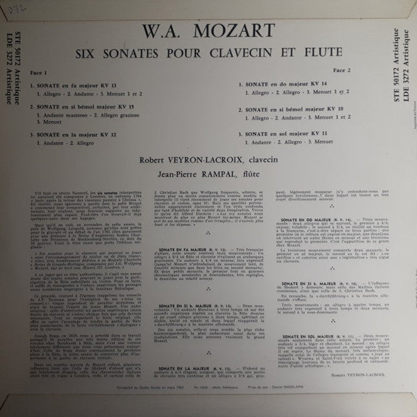 Wolfgang Amadeus Mozart, Jean-Pierre Rampal, Robert Veyron-Lacroix : Six Sonates Pour Clavecin Et Flute (LP)