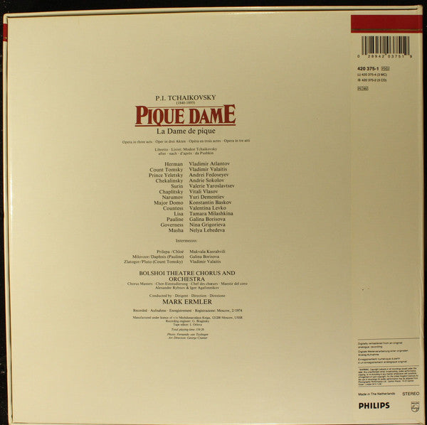 Pyotr Ilyich Tchaikovsky, Vladimir Atlantov, Tamara Milashkina, Валентина Левко, Vladimir Valaitis, Andrei Fedoseyev, Mark Ermler, Bolshoi Theatre Orchestra, Chorus Of The Bolshoi Theatre : Pique Dame - The Queen of Spades (3xLP + Box)