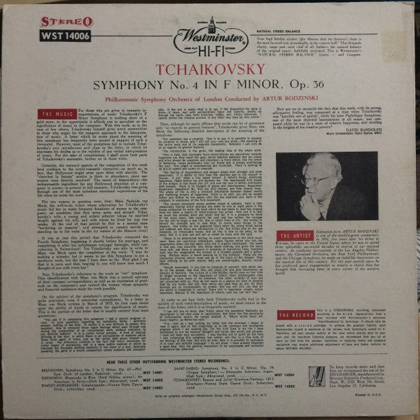 Pyotr Ilyich Tchaikovsky, Philharmonic Symphony Of London, Artur Rodzinski : Symphony No. 4 In F Minor, Op. 36 (LP, Album)