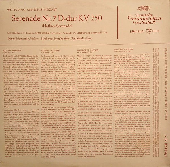 Wolfgang Amadeus Mozart - Denes Zsigmondy, Ferdinand Leitner, Bamberger Symphoniker : Serenade Nr.7 D-Dur KV 250 (Haffner-Serenade) (LP, Album, Mono)