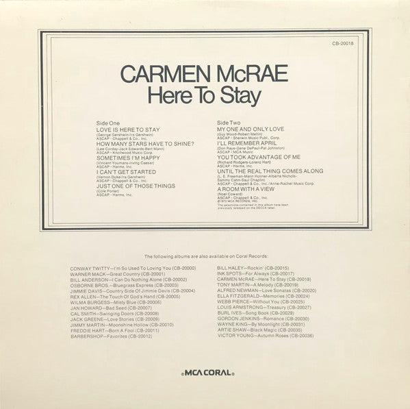 Carmen McRae : Here To Stay (LP, Comp, RE)