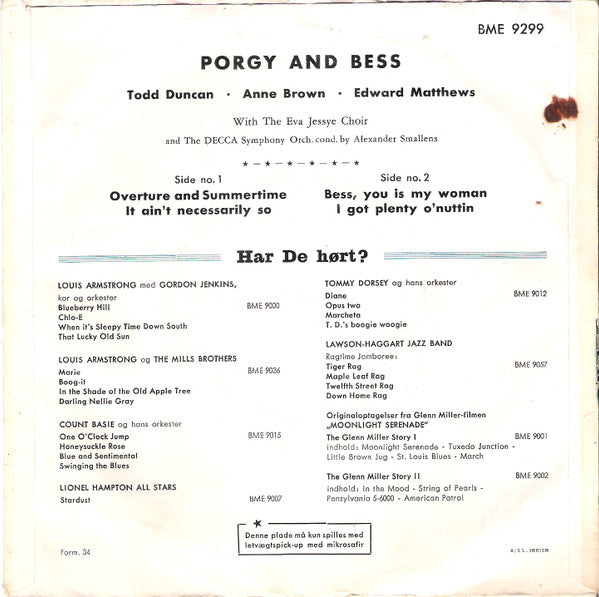 Todd Duncan (3) •  Anne Brown With Eva Jessye Choir And Decca Symphony Orchestra Conducted By Alexander Smallens : Porgy And Bess (7", EP)