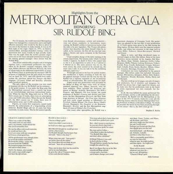 Various : Highlights From Metropolitan Opera Gala Honouring Sir Rudolph Bing (LP, Comp, Gat)