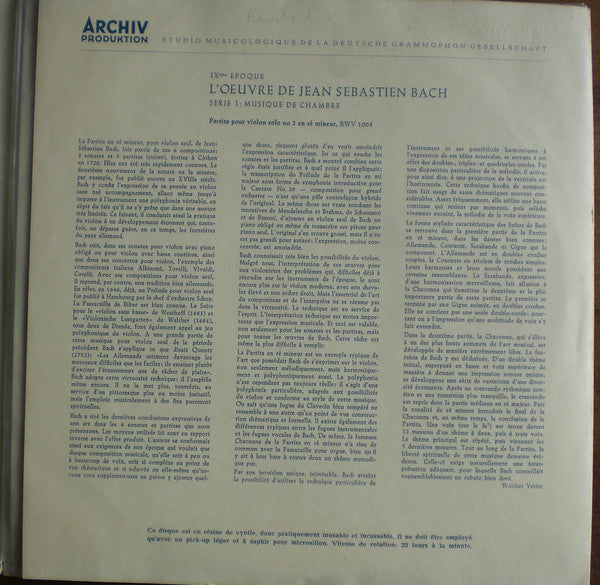 Johann Sebastian Bach - Wolfgang Schneiderhan : Partita Für Violine Solo Nr. 2 D-Moll BWV 1004 (10", Mono)