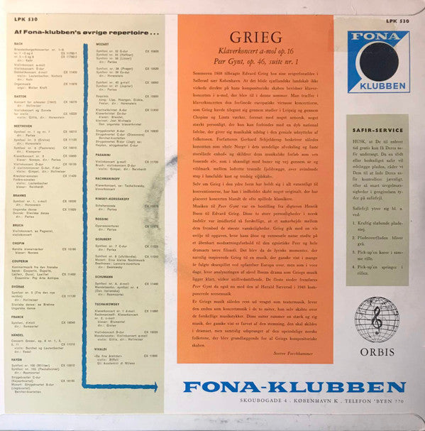 Edvard Grieg, Felicja Blumental, Wiener Symphoniker, Hans Swarowsky, Bamberger Symphoniker, Jonel Perlea : Koncert For Klaver Og Orkester A-Moll, Op. 16/Peer Gynt, Op. 46, Suite Nr. 1 (LP, Fon)