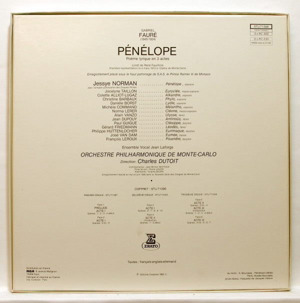 Gabriel Fauré / Jessye Norman, Alain Vanzo, Jocelyne Taillon, José van Dam, Philippe Huttenlocher, Ensemble Choral Jean Laforge, Orchestre Philharmonique De Monte-Carlo, Charles Dutoit : Pénélope (Poème Lyrique En Trois Actes) (3xLP, Album + Box)