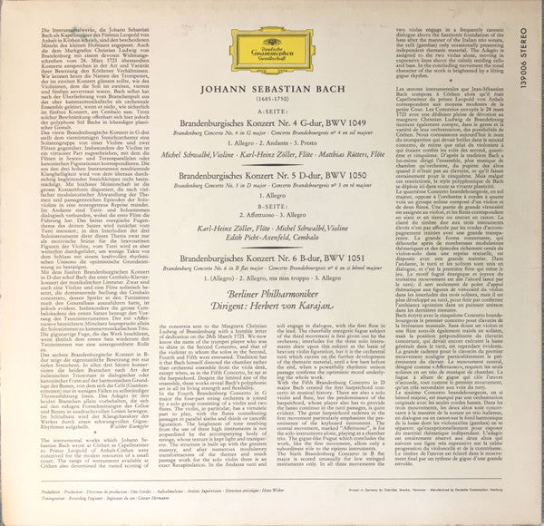 Johann Sebastian Bach - Herbert Von Karajan, Berliner Philharmoniker : Brandenburgische Konzerte Nr. 4, 5 & 6 (LP, RE)