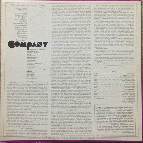 "Company" Original Broadway Cast : Company (A Musical Comedy) (Original Cast Recording) (LP, Album, RE, Ter)