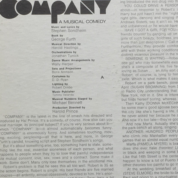 "Company" Original Broadway Cast : Company (A Musical Comedy) (Original Cast Recording) (LP, Album, RE, Ter)