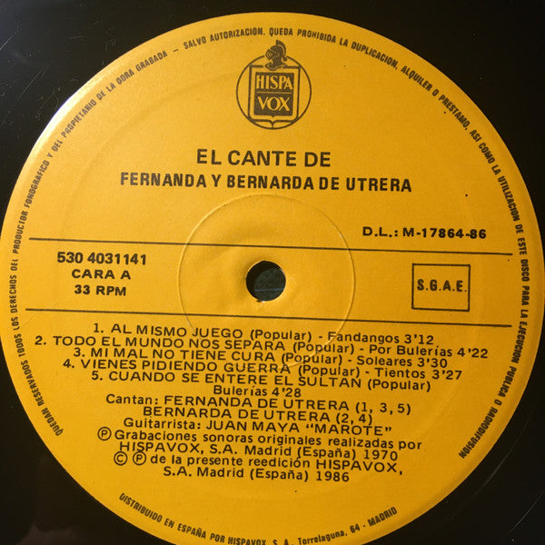 Fernanda Y Bernarda De Utrera : El Cante De Fernanda Y Bernarda De Utrera (LP, RE)