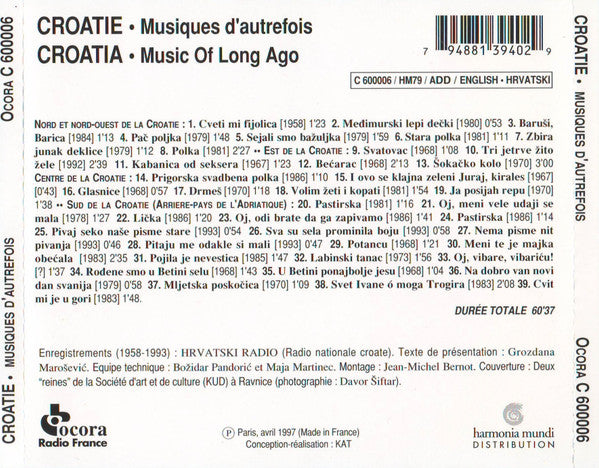 Various : Croatie: Musiques D'autrefois (CD, Album, Comp)
