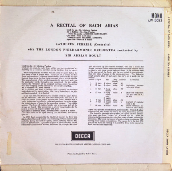 Johann Sebastian Bach By Kathleen Ferrier With Sir Adrian Boult Conducting London Philharmonic Orchestra : A Recital Of Bach Arias (10", Lon)