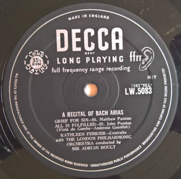 Johann Sebastian Bach By Kathleen Ferrier With Sir Adrian Boult Conducting London Philharmonic Orchestra : A Recital Of Bach Arias (10", Lon)