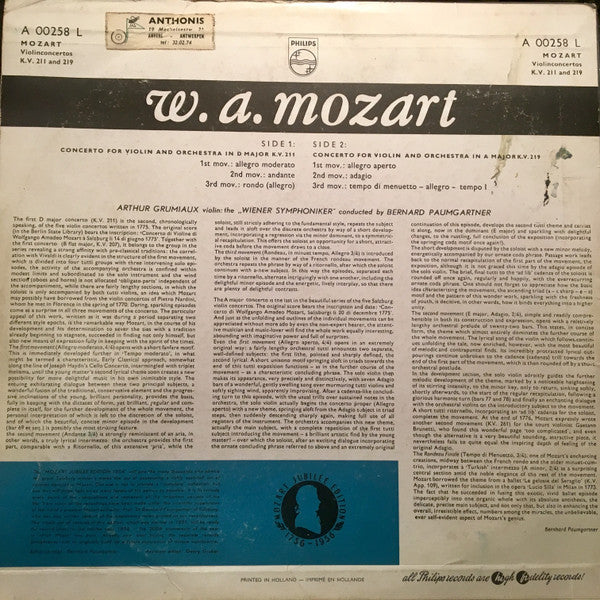 Wolfgang Amadeus Mozart, Arthur Grumiaux, Bernhard Paumgartner, Wiener Symphoniker : Concertos For Violin & Orchestra N°2, K. 211 & N°5, K. 219 (LP, Mono)