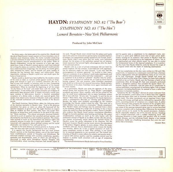 Joseph Haydn - Leonard Bernstein, New York Philharmonic : Symphony No. 82 "The Bear", Symphony No. 83 "The Hen" (LP)