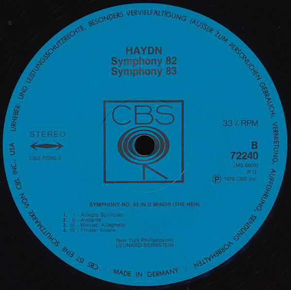 Joseph Haydn - Leonard Bernstein, New York Philharmonic : Symphony No. 82 "The Bear", Symphony No. 83 "The Hen" (LP)