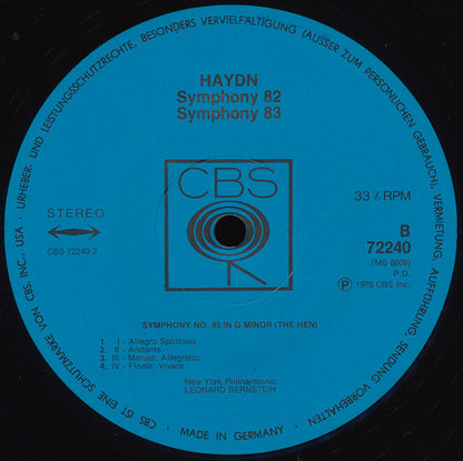 Joseph Haydn - Leonard Bernstein, New York Philharmonic : Symphony No. 82 "The Bear", Symphony No. 83 "The Hen" (LP)