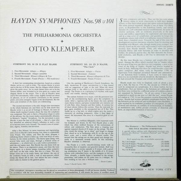 Joseph Haydn - Otto Klemperer, Philharmonia Orchestra : Symphonies No. 98 In B Flat / No. 101 In D Major, "The Clock" (LP, Mono)