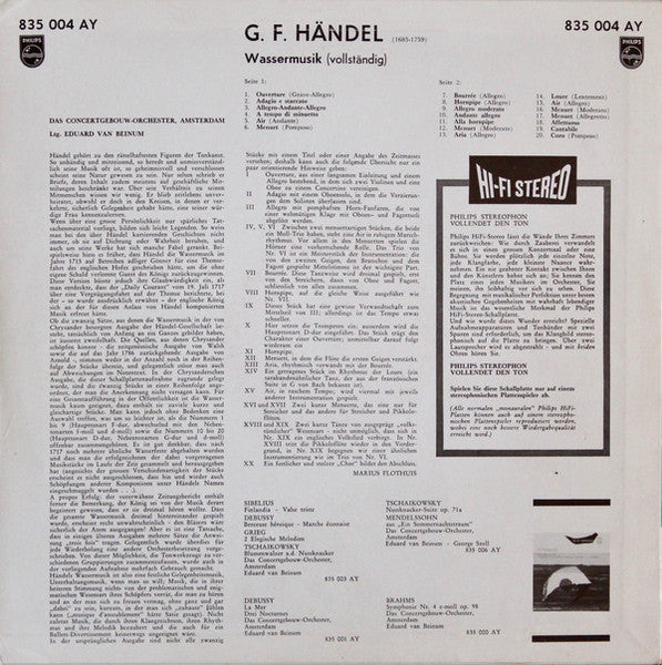 Georg Friedrich Händel – Concertgebouworkest, Eduard van Beinum : Wassermusik (vollständig) (LP, RE)