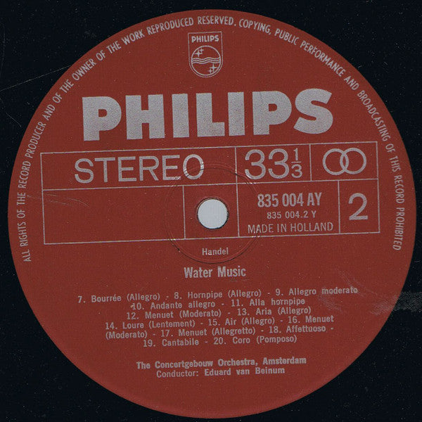 Georg Friedrich Händel – Concertgebouworkest, Eduard van Beinum : Wassermusik (vollständig) (LP, RE)